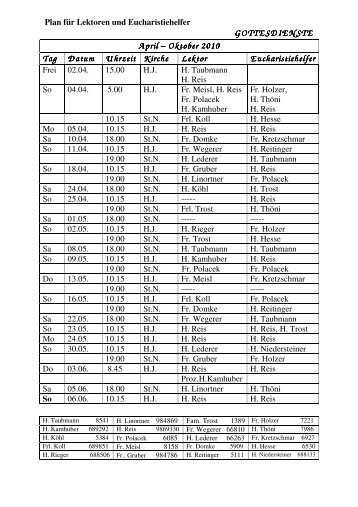 Tag Datum Uhrzeit Kirche Lektor Eucharistiehelfer