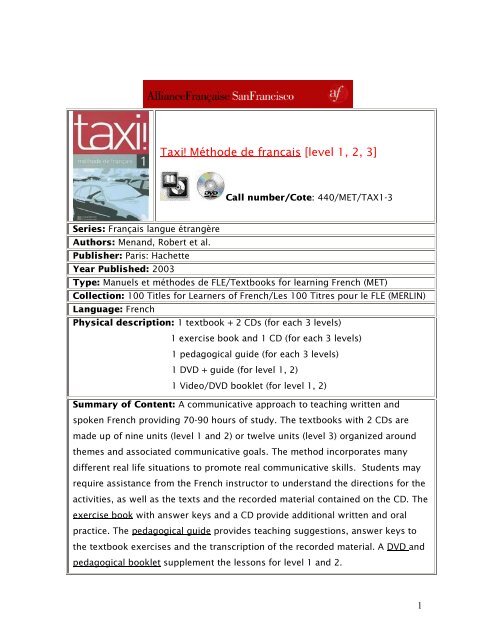 Taxi! Méthode de francais [level 1, 2, 3]