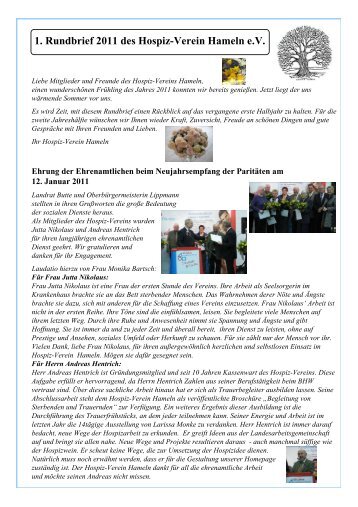 1. Rundbrief 2011 des Hospiz-Verein Hameln e.V.