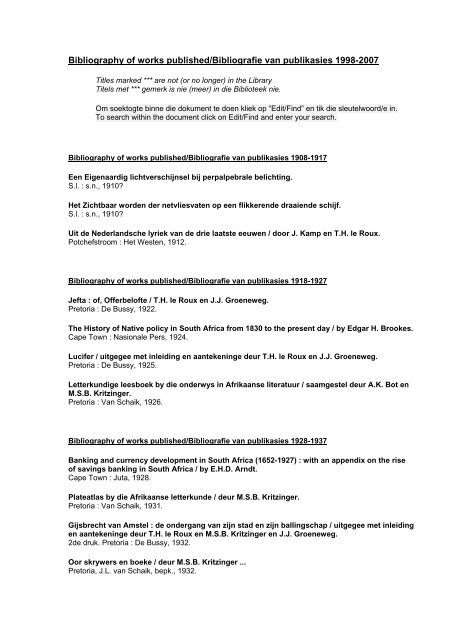 Bibliography of works published/Bibliografie van publikasies 1998 ...
