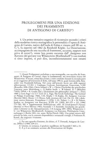 prolegomeni per una edizione dei frammenti di antigono di caristo