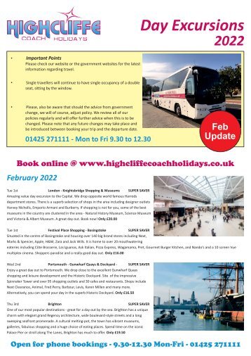 Highcliffe Coach Holidays - Day Trips - February 2022