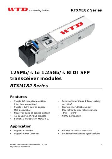 125Mb/s to 1.25Gb/s BIDI SFP transceiver modules
