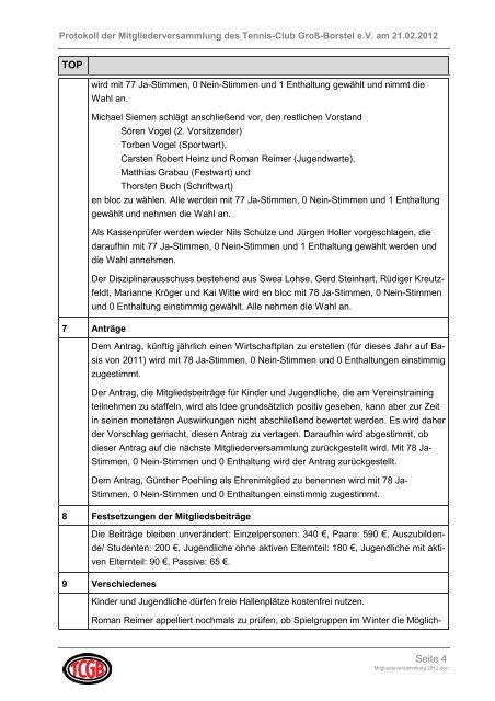 Protokoll Mitgliederversammlung 2012 - Tennis Club Groß Borstel
