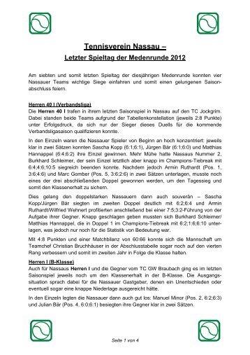 Letzter Spieltag der Medenrunde 2012 - Tennisverein Nassau eV