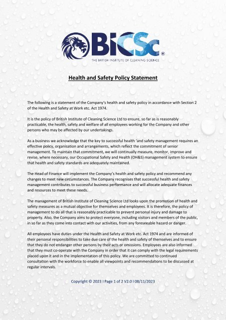 Health and Safety Policy Statement
