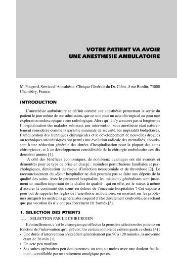 votre patient va avoir une anesthesie ambulatoire - Mapar