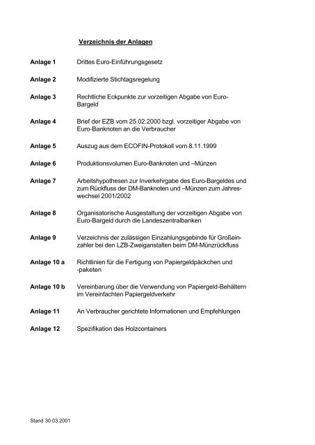 Arbeitshypothesen zur Inverkehrgabe des Euro-Bargeldes und zum ...