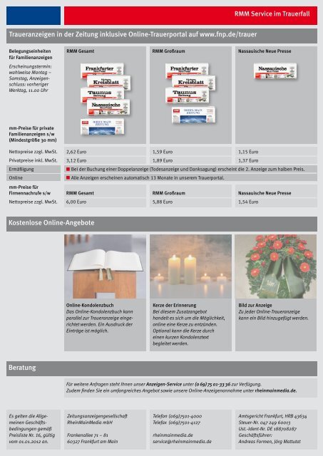 Preisliste für private Traueranzeigen 2012 - RheinMainMedia