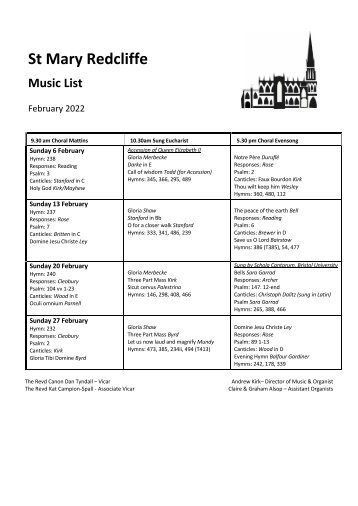St Mary Redcliffe February 2022 Music List