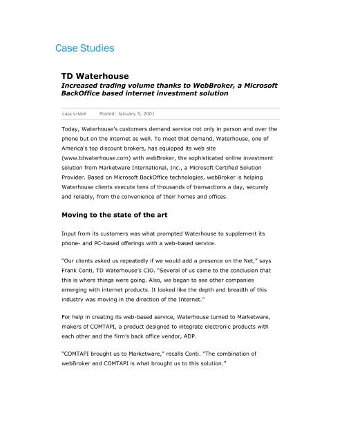 Microsoft Case Studies: TD Waterhouse - Marketware International