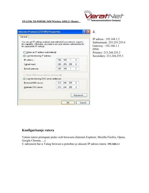 Uputstvo za podešavanje TP-LINK TD-W8910G 54M ... - VeratNet