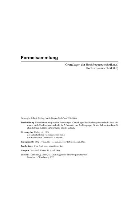 Formelsammlung - Lehrstuhl für Hochfrequenztechnik - TUM