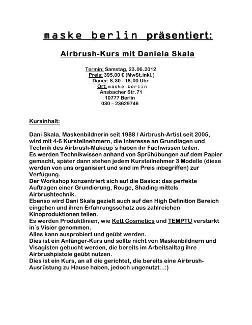 Airbrush-Kurs mit Daniela Skala - maske berlin