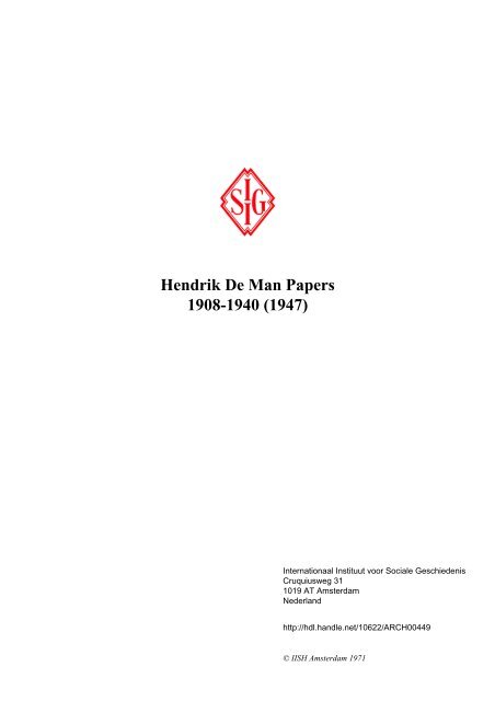 Hendrik De Man Papers 1908-1940 (1947)