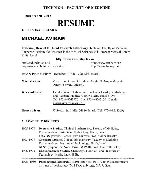 Technion Faculty Of Medicine Date April 12 Resume
