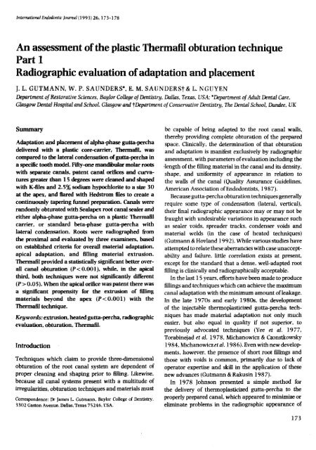 An assessment of the plastic Thermafil obturation technique Parti ...