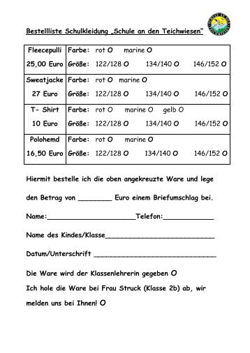 Bestellliste Schulkleidung „Schule an den Teichwiesen“ Fleecepulli ...