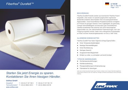 Fiberfrax® DurafeltTM Starten Sie jetzt Energie zu sparen ... - Unifrax