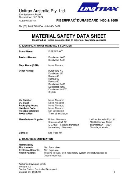 MATERIAL SAFETY DATA SHEET - Unifrax Australia