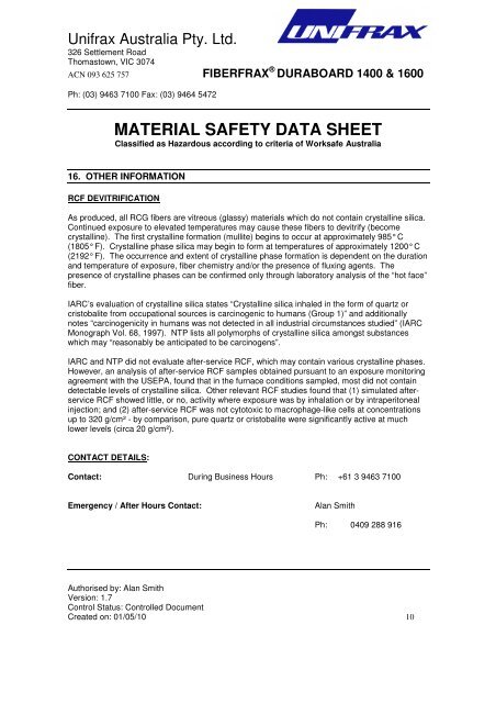 MATERIAL SAFETY DATA SHEET - Unifrax Australia