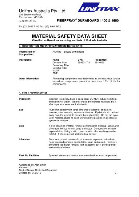 MATERIAL SAFETY DATA SHEET - Unifrax Australia