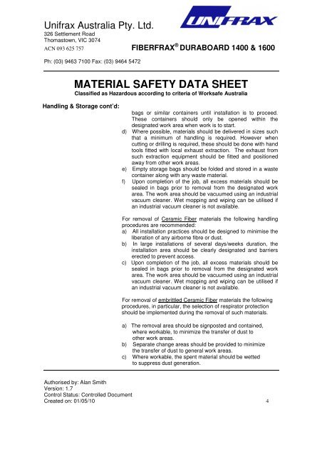 MATERIAL SAFETY DATA SHEET - Unifrax Australia