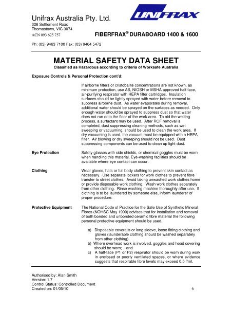 MATERIAL SAFETY DATA SHEET - Unifrax Australia