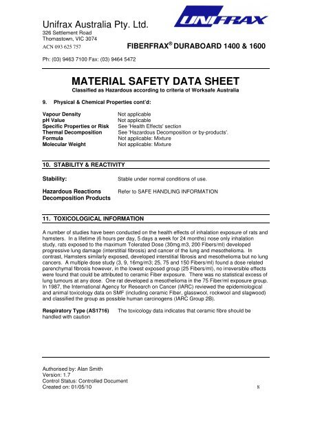 MATERIAL SAFETY DATA SHEET - Unifrax Australia