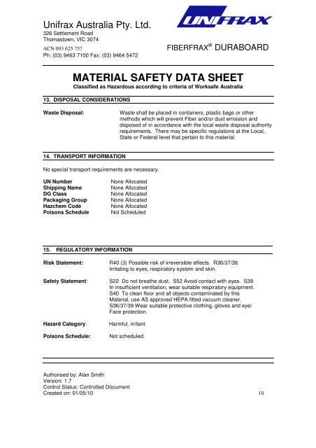 MATERIAL SAFETY DATA SHEET - Unifrax Australia