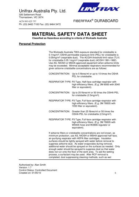 MATERIAL SAFETY DATA SHEET - Unifrax Australia