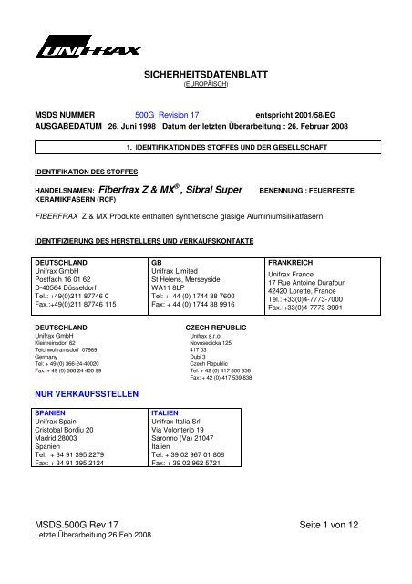 HANDELSNAMEN: Fiberfrax Z & MX® , Sibral Super - Unifrax