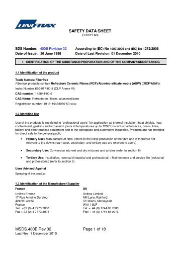 MSDS.400E Rev 32 Page 1 of 18 SAFETY DATA SHEET - Unifrax