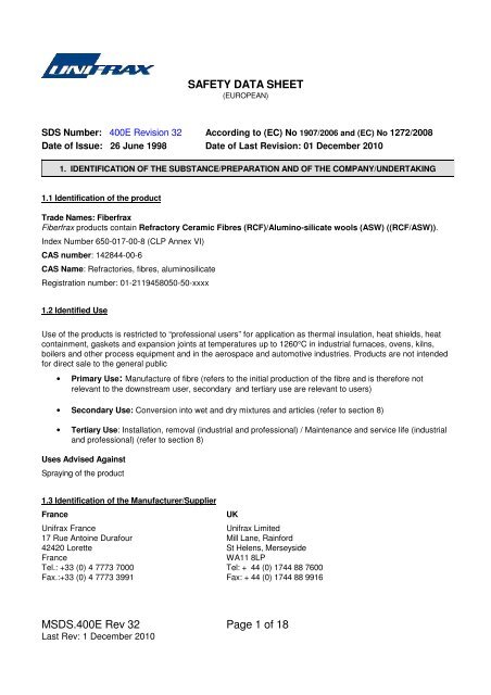 MSDS.400E Rev 32 Page 1 of 18 SAFETY DATA SHEET - Unifrax