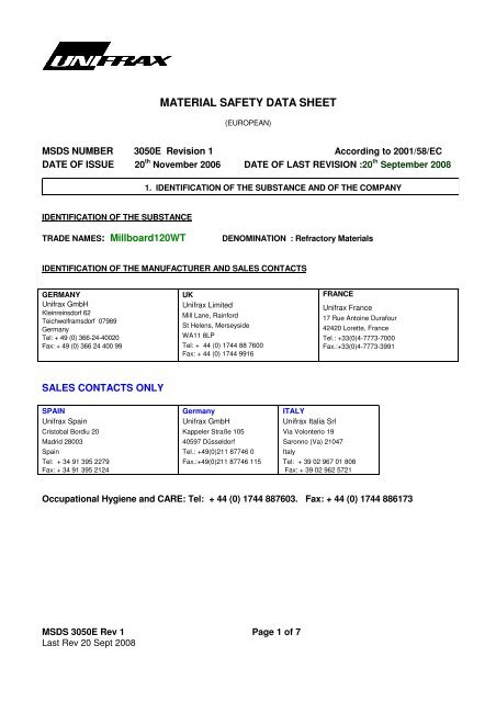 Millboard 120WT MSDS - Unifrax