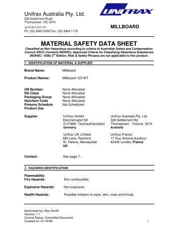 MATERIAL SAFETY DATA SHEET - Unifrax Australia