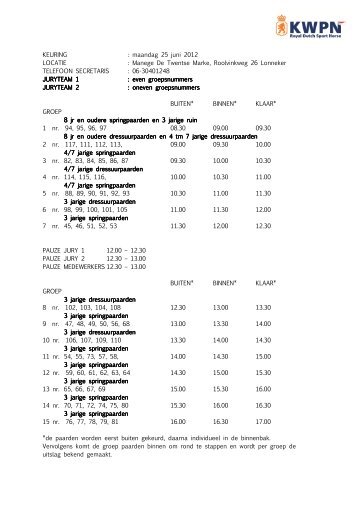 2012-06-25 startlijst stamboekkeuring Lonneker - KWPN