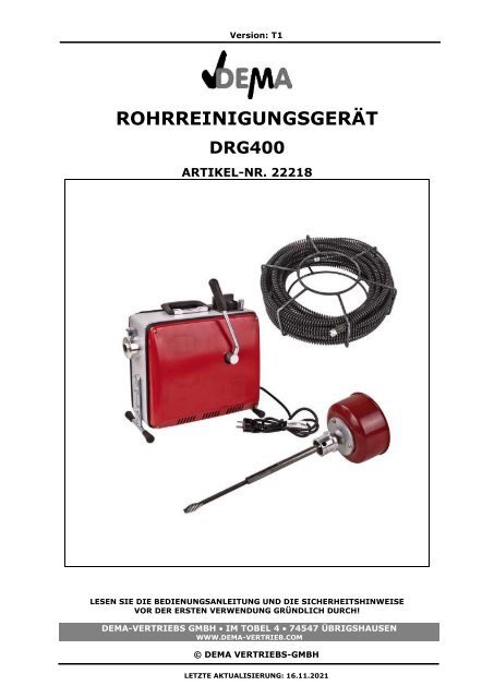 Bedienungsanleitung 926744 22218 Rohrreinigungsgerät DRG400