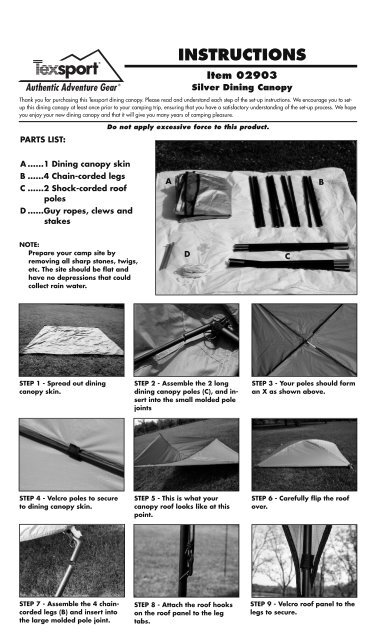 INSTRUCTIONS Item 02903 Silver Dining Canopy - Texsport