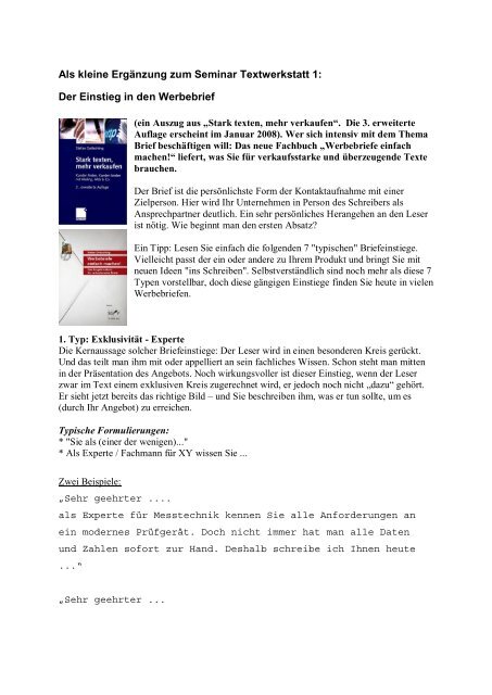 Der Einstieg In Den Werbebrief Der Einstieg In Den Werbebrief