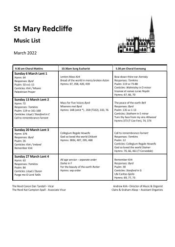 St Mary Redcliffe Church March 2022 Music List