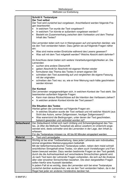 Methode: Textarbeit und Textanalyse Ziel Mit dem Einsatz der ...