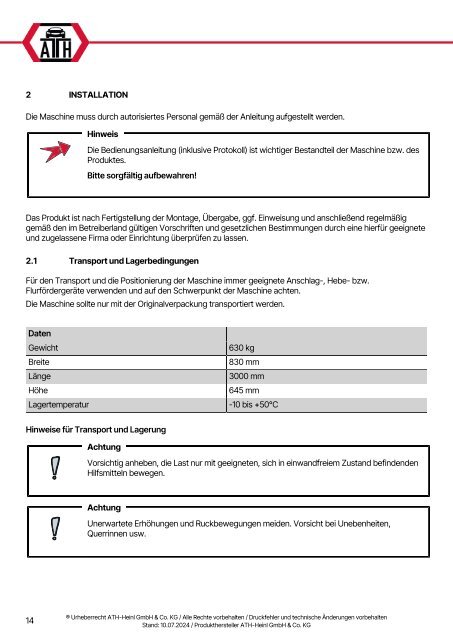 ATH-Heinl Bedienungsanleitung Single Lift 12PL