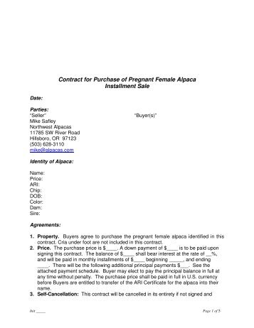 Contract for Purchase of Pregnant Female Alpaca Installment Sale