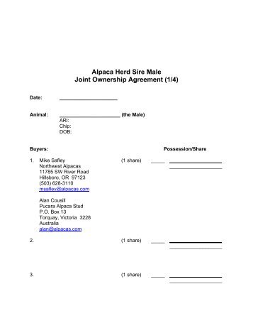 Alpaca Herd Sire Male Joint Ownership Agreement (1/4) - Northwest ...