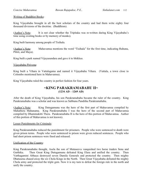 Concise Mahavamsa Ruwan Rajapakse, P.E., Sinhalanet.com 1