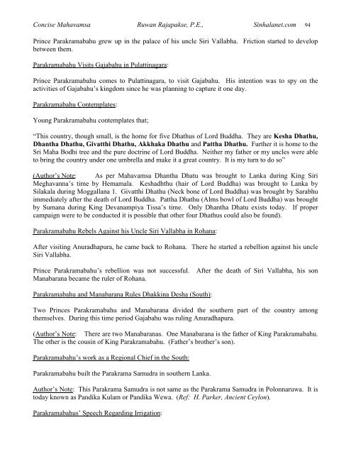 Concise Mahavamsa Ruwan Rajapakse, P.E., Sinhalanet.com 1