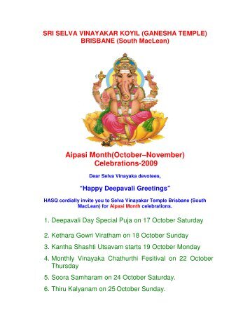 Aipasi Month(Octoberâ€“November) - Sri Selva Vinayakar Temple