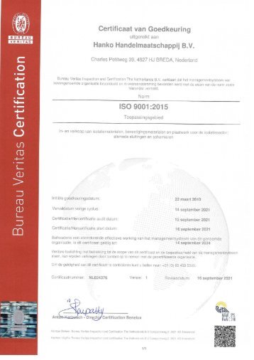 Bureau Veritas Certificaat van Goedkeuring ISO 9001-2015 NL 14-09-2021 tot 14-09-2024
