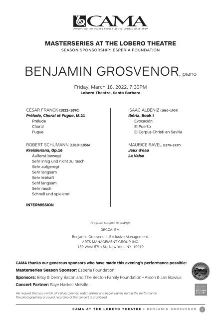 CAMA's Masterseries Presents Benjamin Grosvenor, piano ⫽ Friday, March 18, 2022 ⫽ Lobero Theatre, Santa Barbara ⫽ 7:30PM
